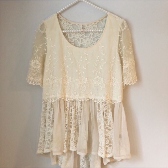 Free People Tops - Free People Cream Lace Short Sleeve Peplum Top